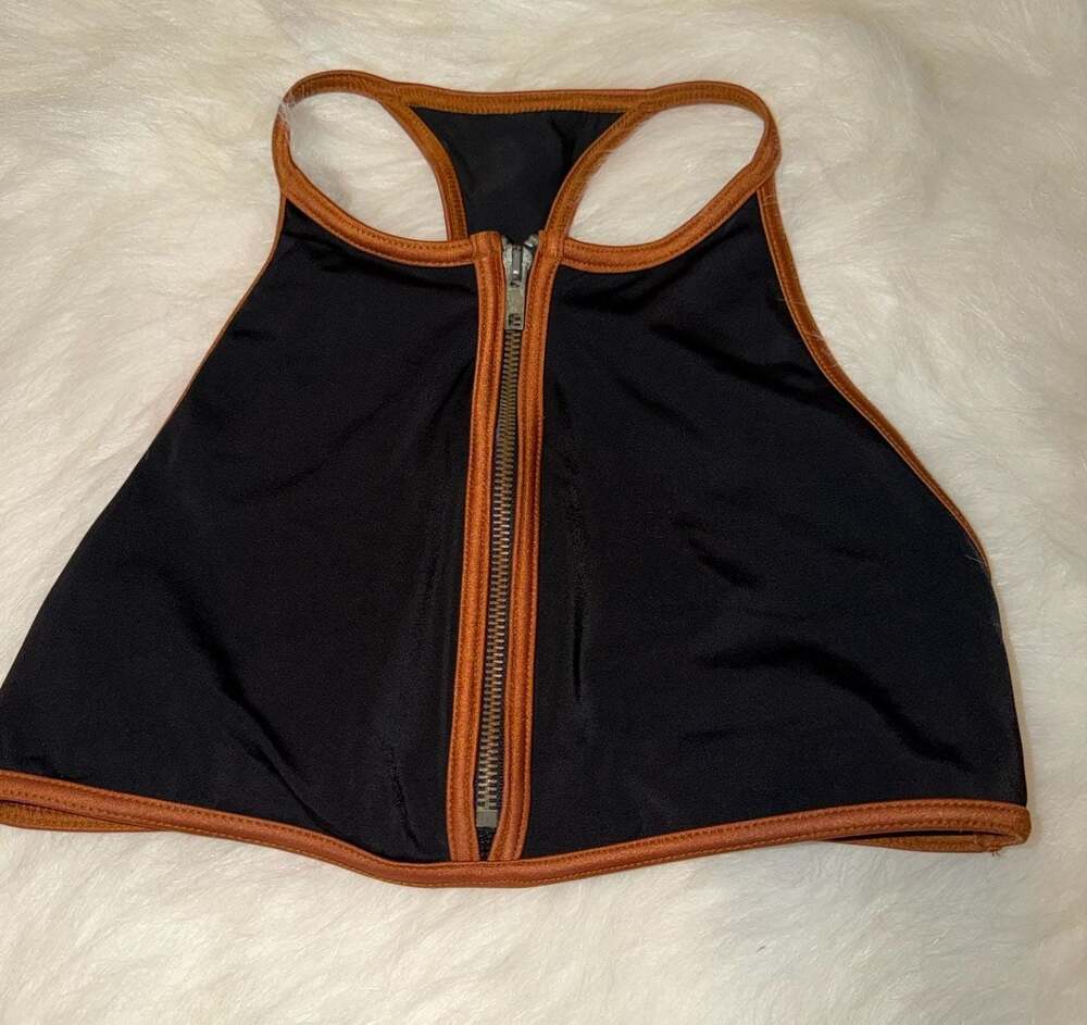 Y2K JLO Jennifer Lopez Black and Copper Zip-Front Bikini Top Size M